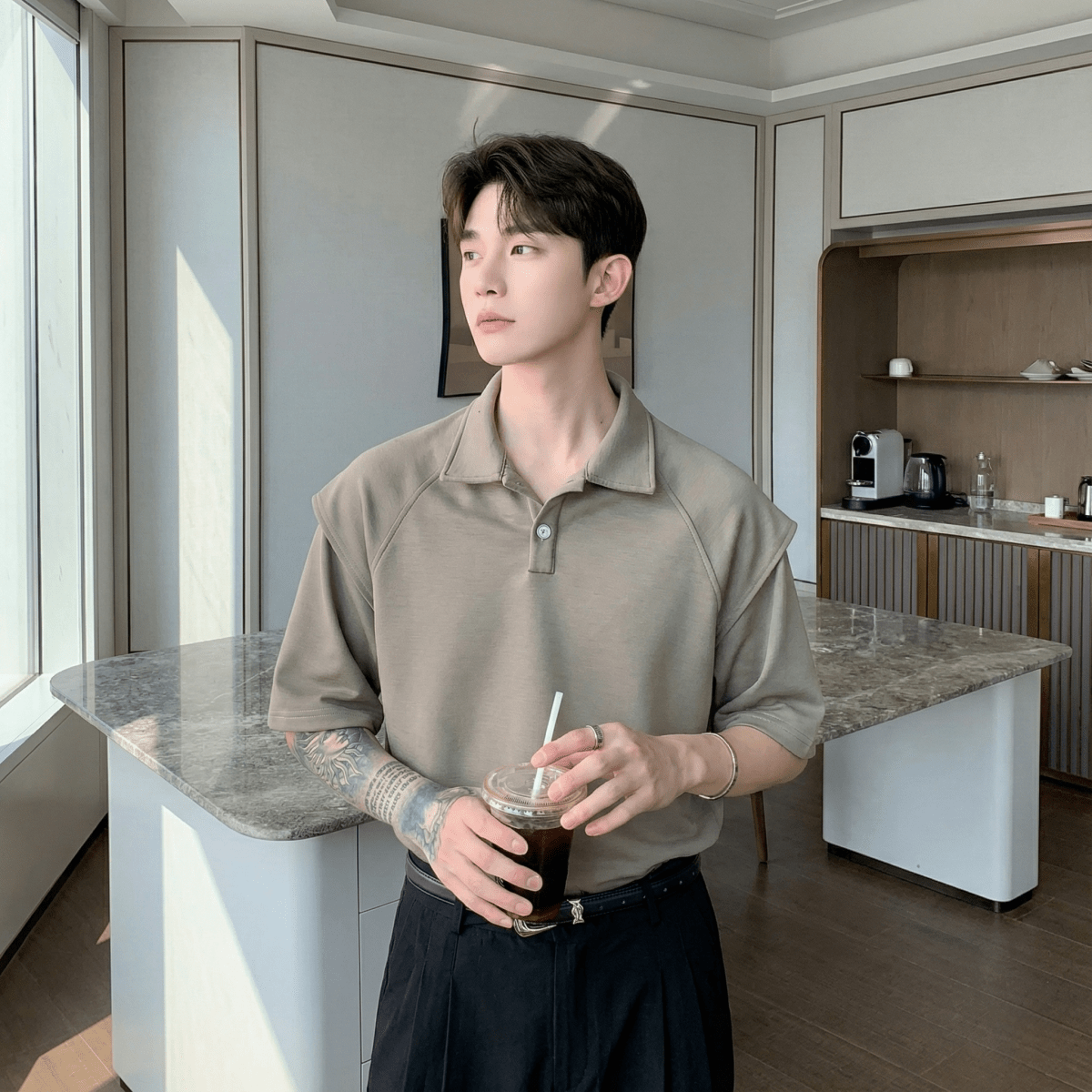 Korean Polo Stripes Outfit For Men Polo Men's Medium Stripe Short Sleeve Korean Style Casual Formal Korean Polo Stripes Outfit For Men Polo Men's Medium Stripe Short Sleeve Korean Style Casual Formal