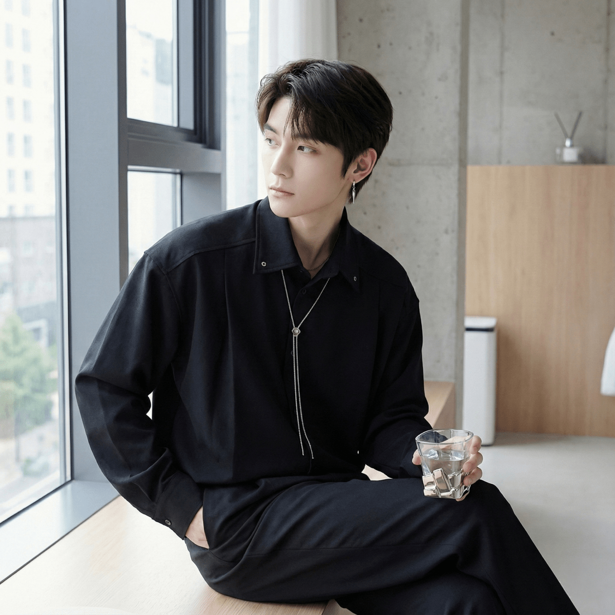 korean dress shirt Blue Long-Sleeve Button-Up Shirt