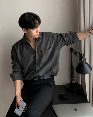 korean style dress shirts men GS No. 142 Loose Shirt, Grey / L Ticking Stripe Grandad Collar Clothing Size:S Yellow Macaron 103 Turning heads with this